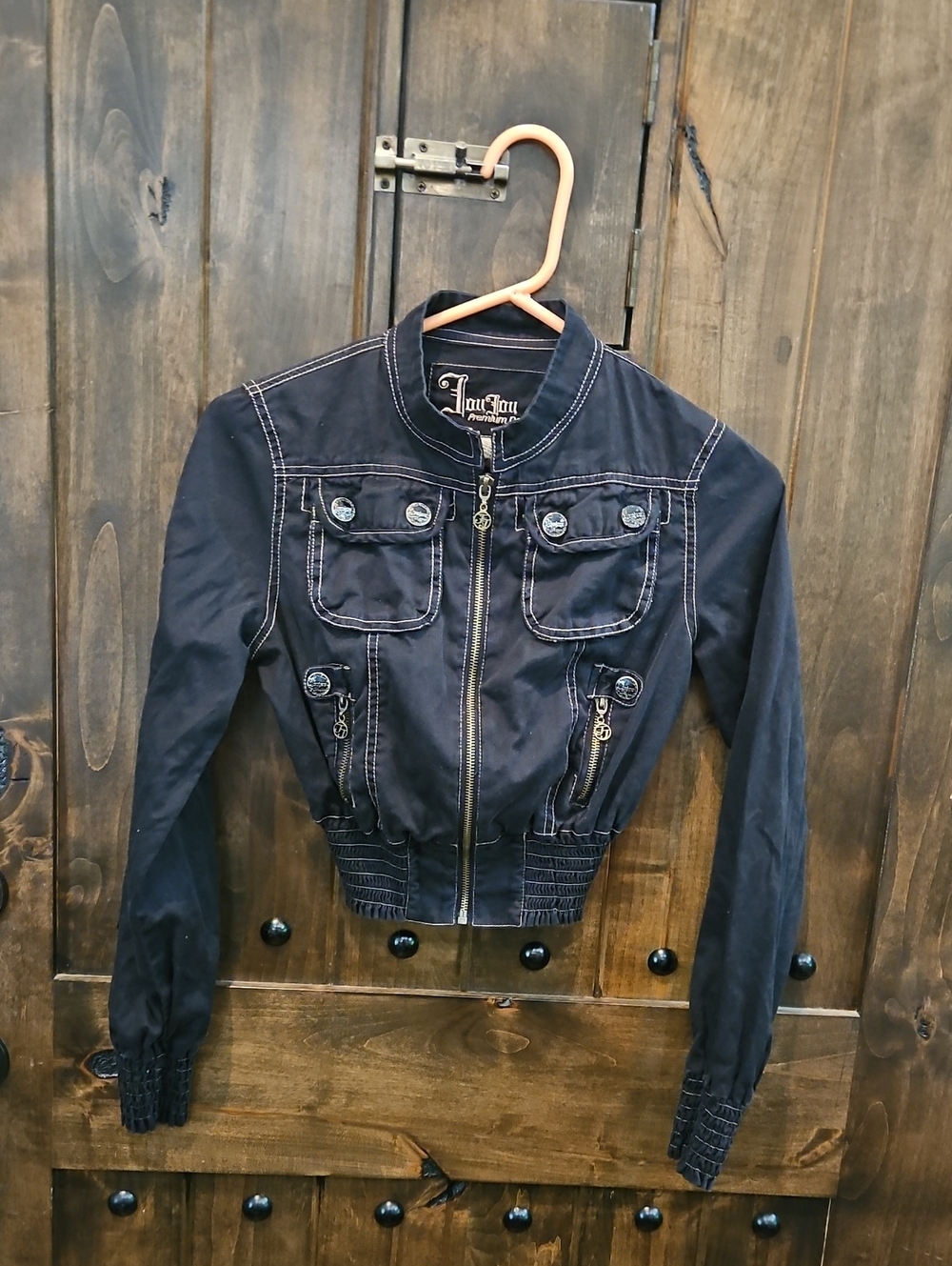 Jou Jou Premium Denim Black Cropped Bomber Jacket with Contrast Stitching